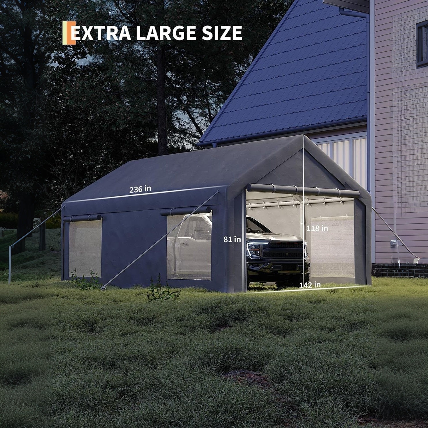 Garvee 12x20 Ft Heavy Duty Portable Carport – Waterproof PE Canopy, Roll-Up Windows, Rust-Proof Steel Frame, Ventilated Shelter for Cars, Trucks, Boats