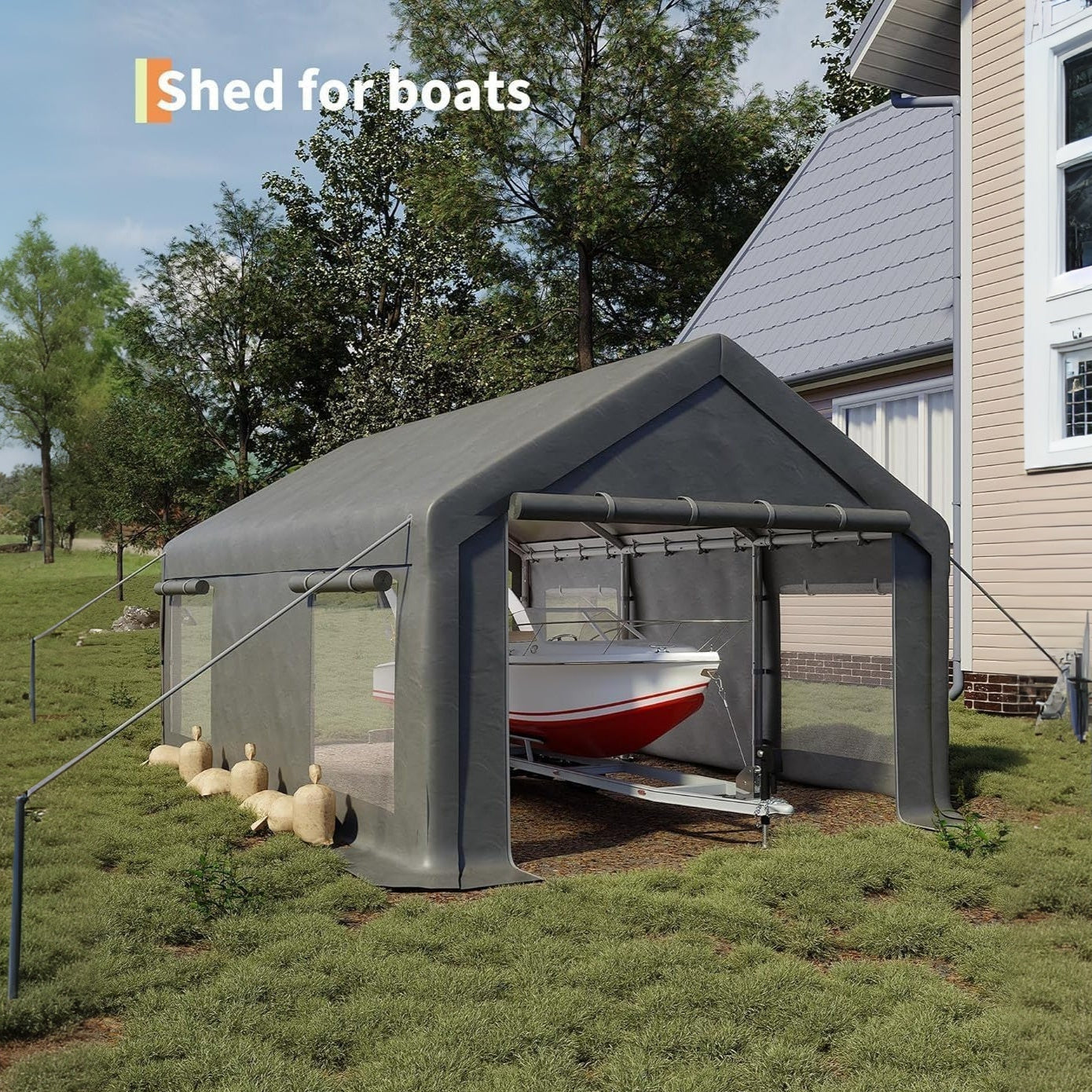 Garvee 12x20 Ft Heavy Duty Portable Carport – Waterproof PE Canopy, Roll-Up Windows, Rust-Proof Steel Frame, Ventilated Shelter for Cars, Trucks, Boats