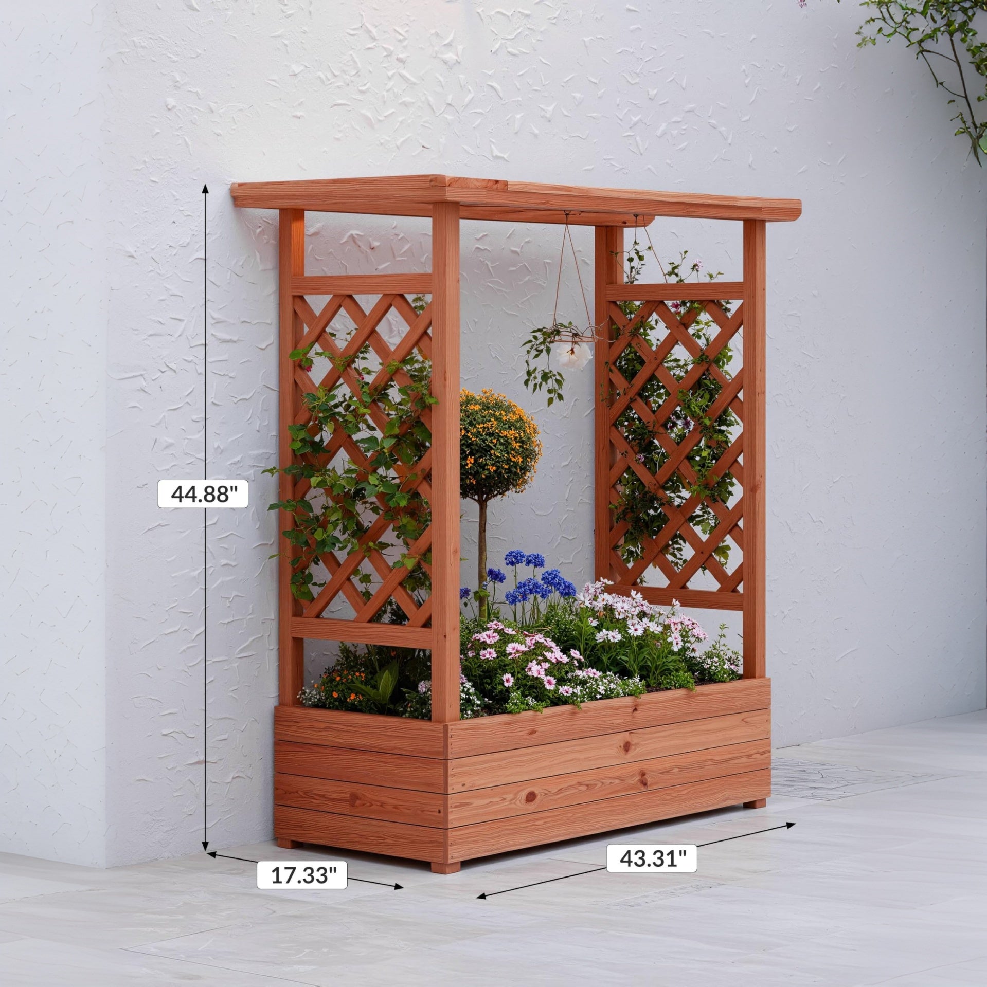 Garvee Raised Garden Bed with Trellis, Wooden Freestanding Planter Box with Hanging Roof & 4 Drainage Holes