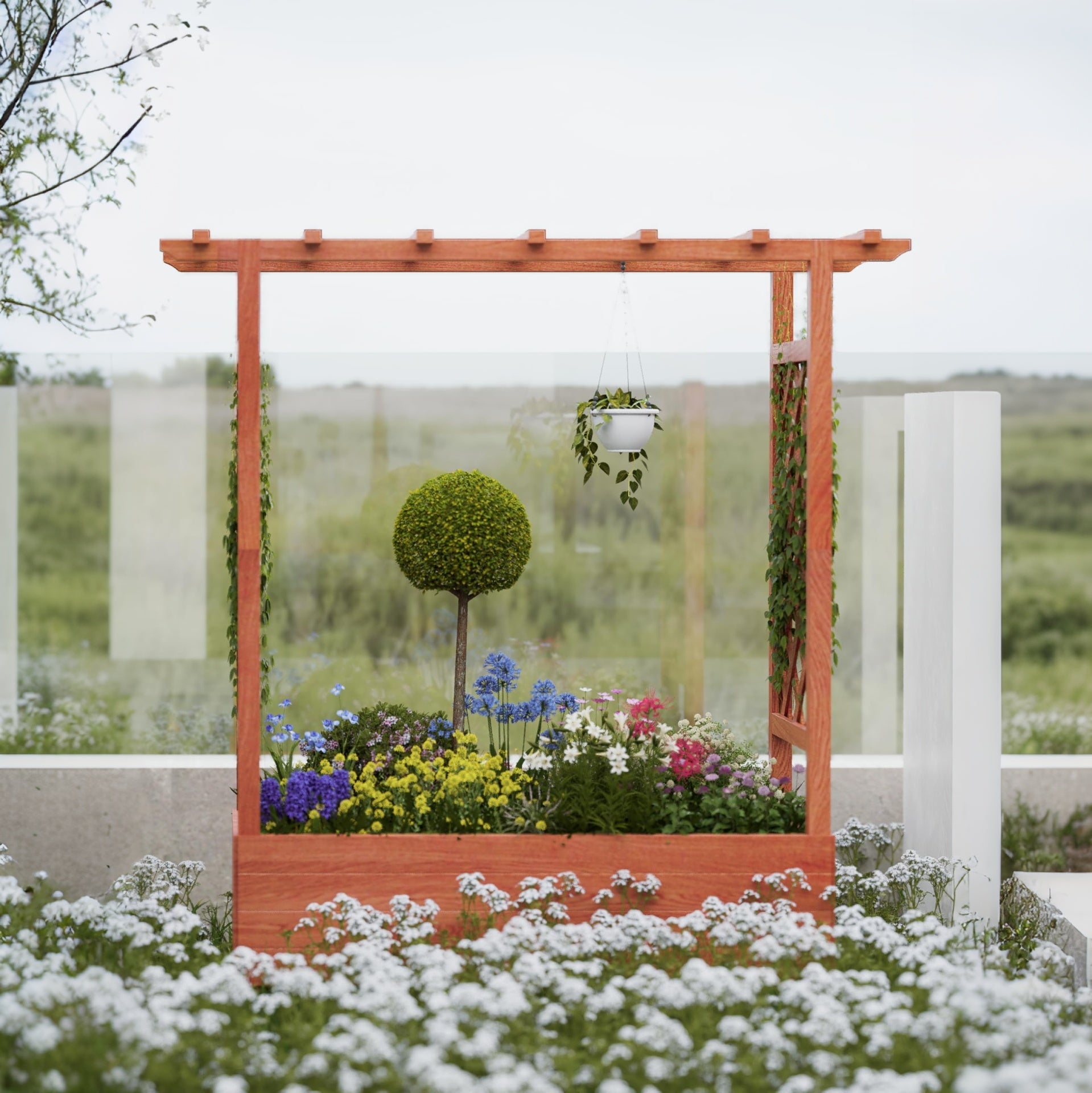 Garvee Raised Garden Bed with Trellis, Wooden Freestanding Planter Box with Hanging Roof & 4 Drainage Holes