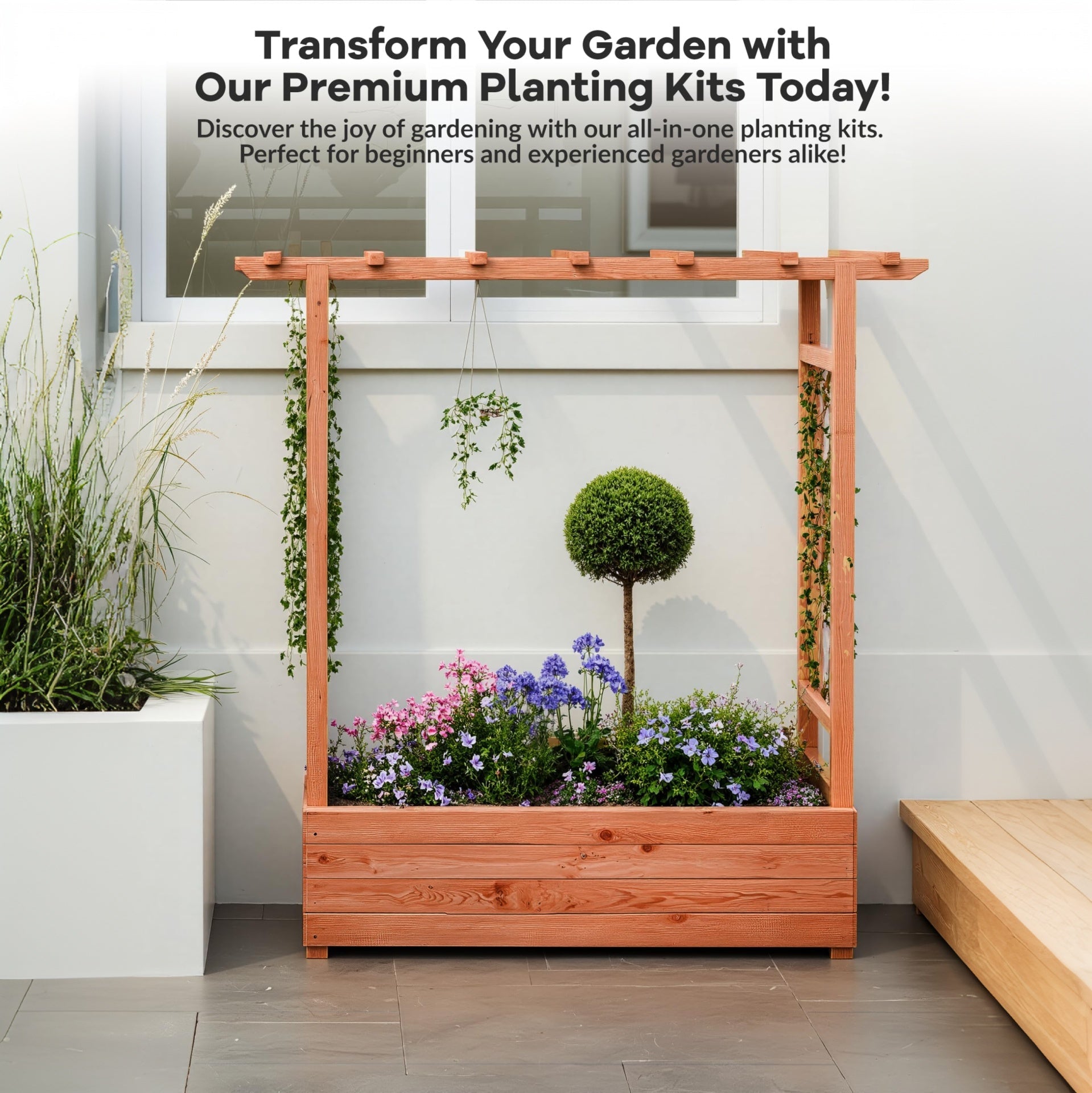 Garvee Raised Garden Bed with Trellis, Wooden Freestanding Planter Box with Hanging Roof & 4 Drainage Holes
