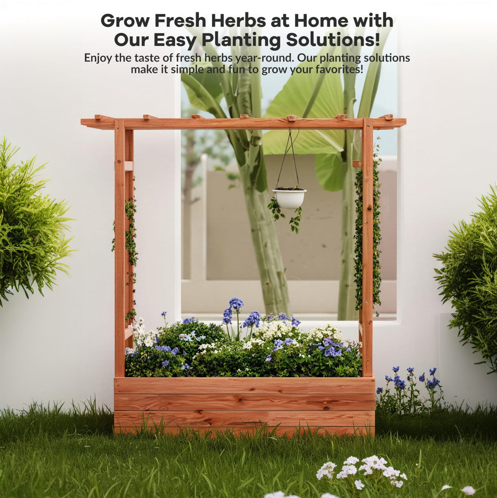 Garvee Raised Garden Bed with Trellis, Wooden Freestanding Planter Box with Hanging Roof & 4 Drainage Holes