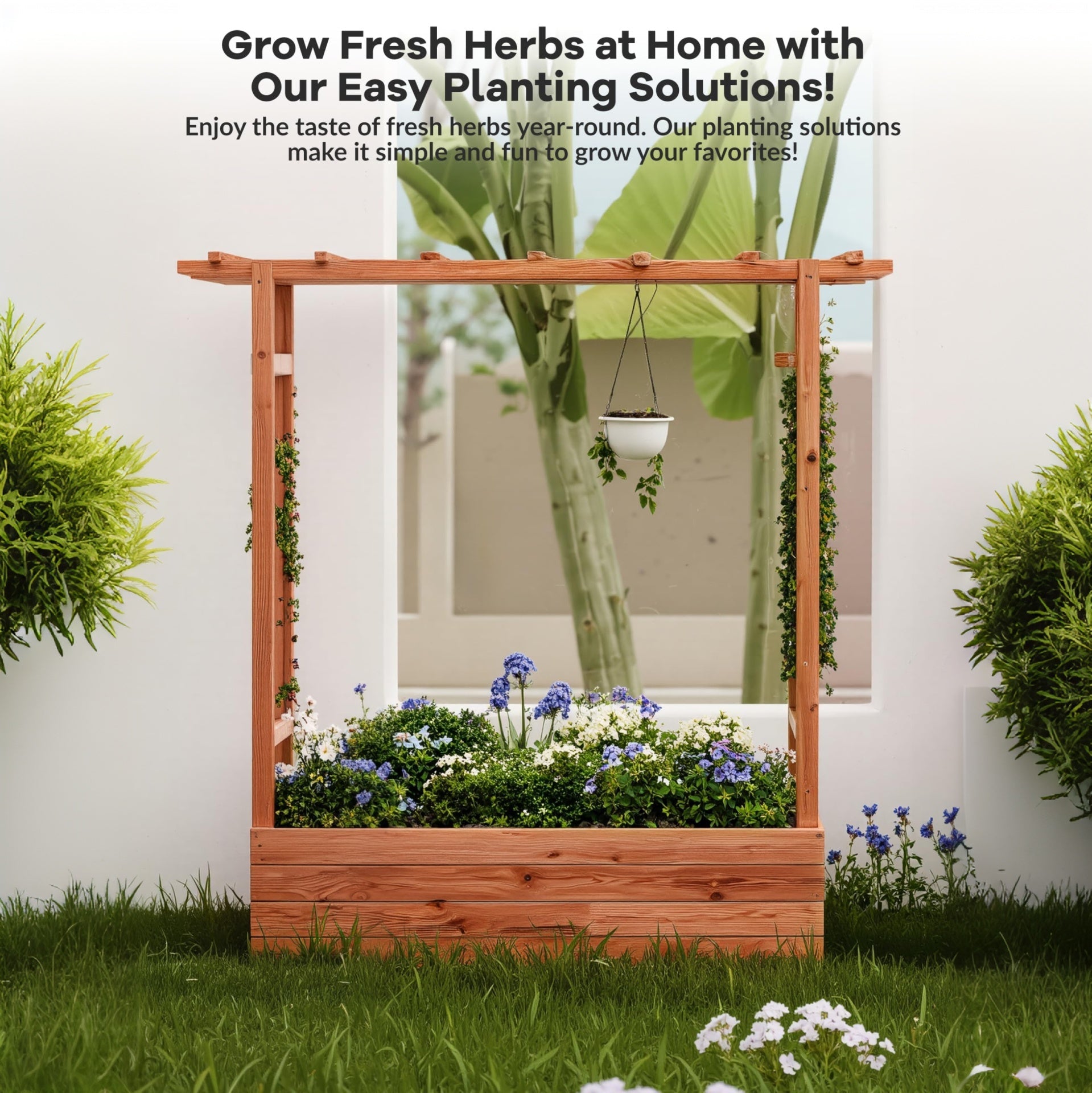 Garvee Raised Garden Bed with Trellis, Wooden Freestanding Planter Box with Hanging Roof & 4 Drainage Holes