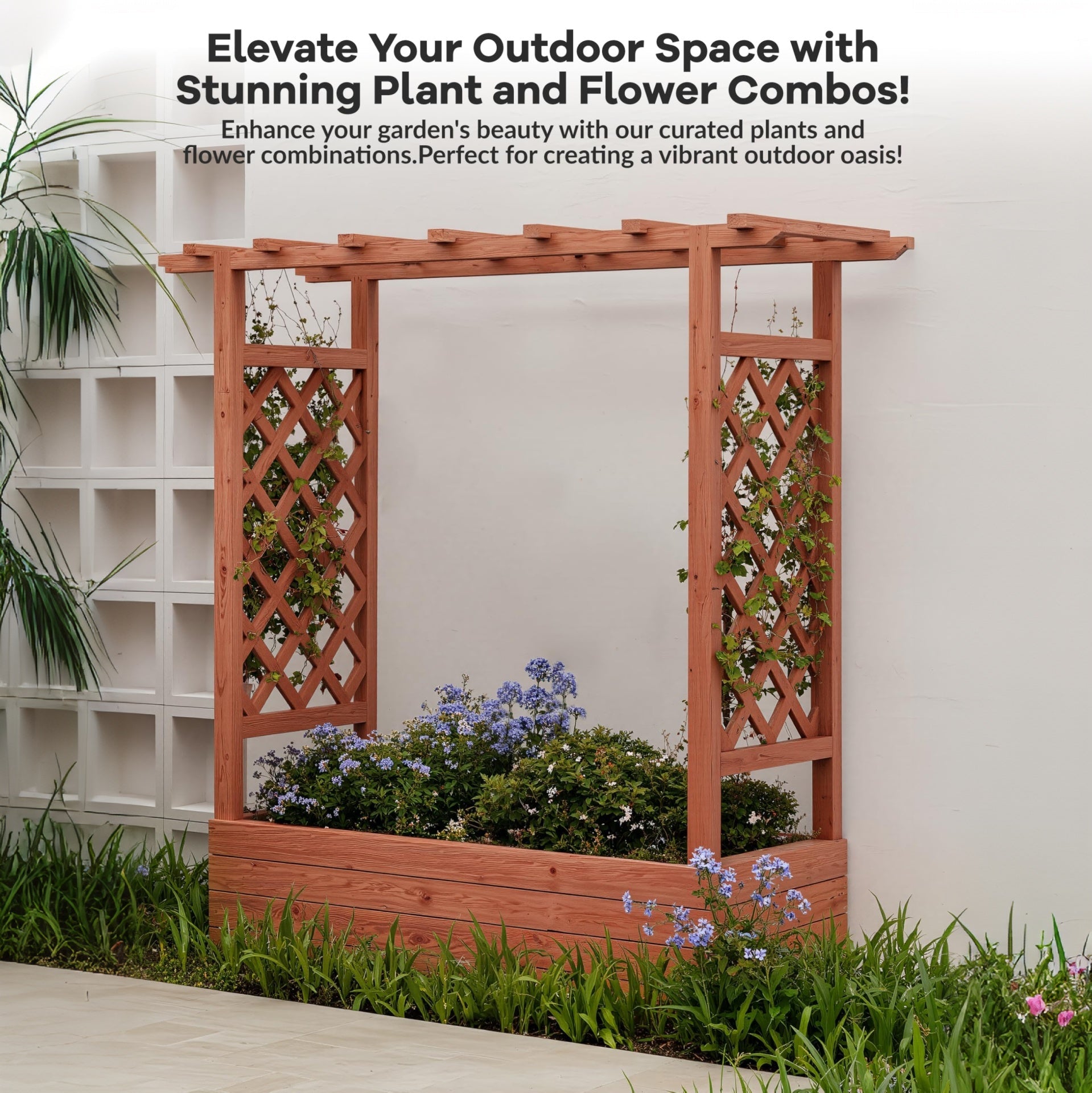 Garvee Raised Garden Bed with Trellis, Wooden Freestanding Planter Box with Hanging Roof & 4 Drainage Holes