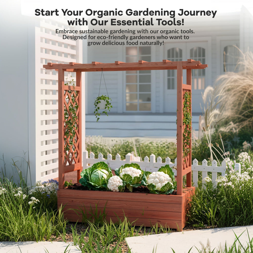 Garvee Raised Garden Bed with Trellis, Wooden Freestanding Planter Box with Hanging Roof & 4 Drainage Holes
