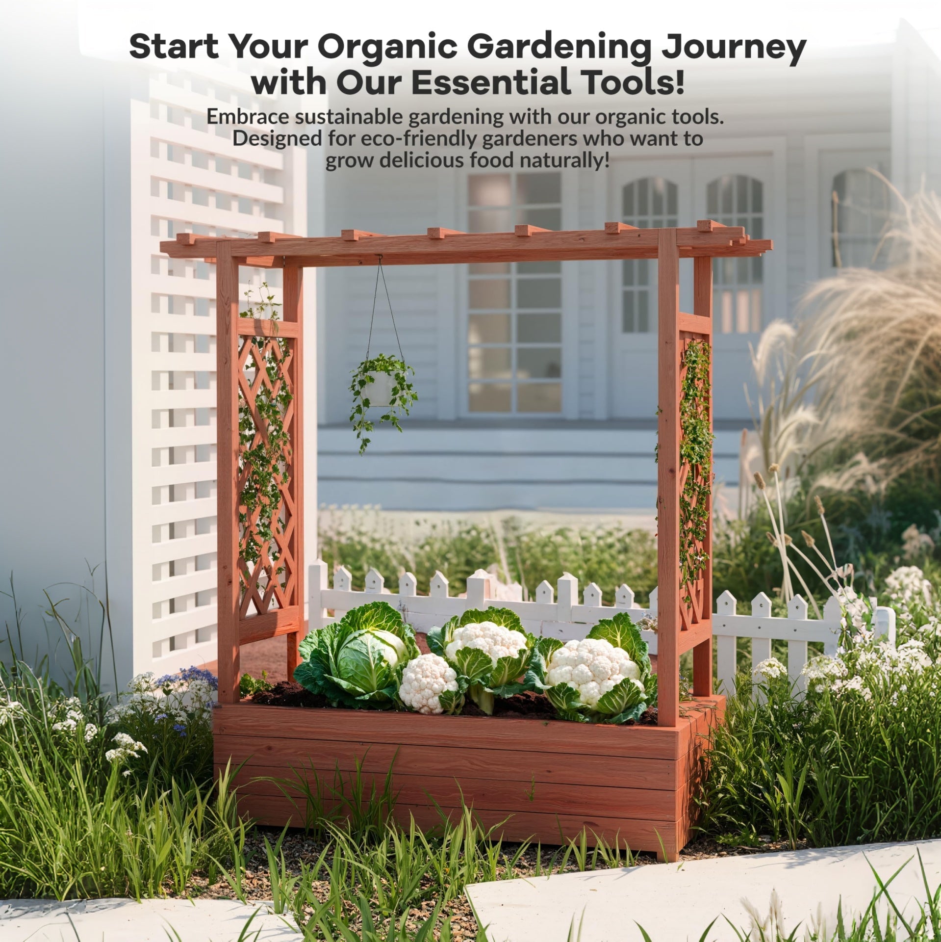 Garvee Raised Garden Bed with Trellis, Wooden Freestanding Planter Box with Hanging Roof & 4 Drainage Holes