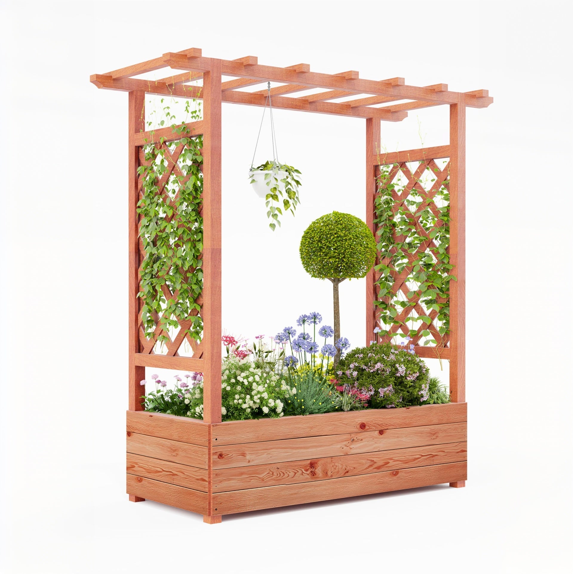 Garvee Raised Garden Bed with Trellis, Wooden Freestanding Planter Box with Hanging Roof & 4 Drainage Holes