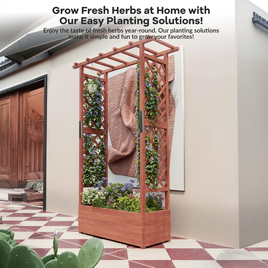 Garvee 43" × 17" × 72" Elevated Garden Bed with Trellis, Natural Fir Wood Planter Box with Canopy & 4 Drainage Holes