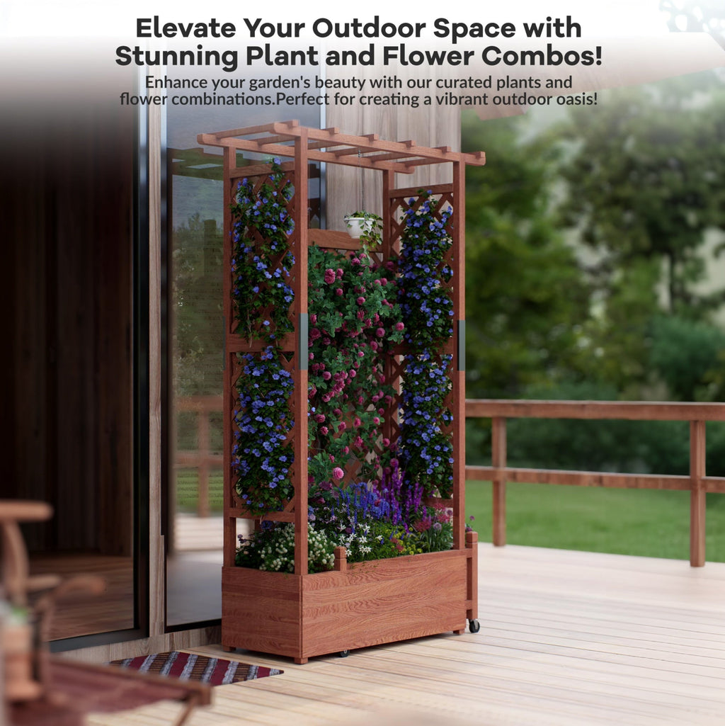 Garvee 43" × 17" × 72" Elevated Garden Bed with Trellis, Natural Fir Wood Planter Box with Canopy & 4 Drainage Holes