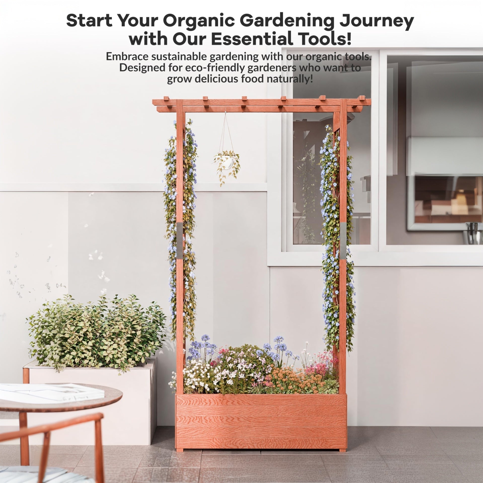 Garvee 43" × 17" × 72" Elevated Garden Bed with Trellis, Natural Fir Wood Planter Box with Canopy & 4 Drainage Holes
