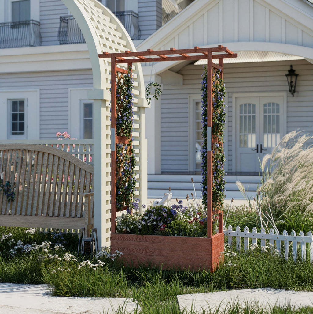 Garvee 43" × 17" × 72" Elevated Garden Bed with Trellis, Natural Fir Wood Planter Box with Canopy & 4 Drainage Holes