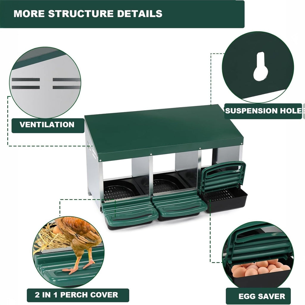 Garvee Chicken Nesting Box 3-Compartment Metal Rollout Egg Collection Galvanized Steel Durable Ventilated Easy Setup for Chicken Coop