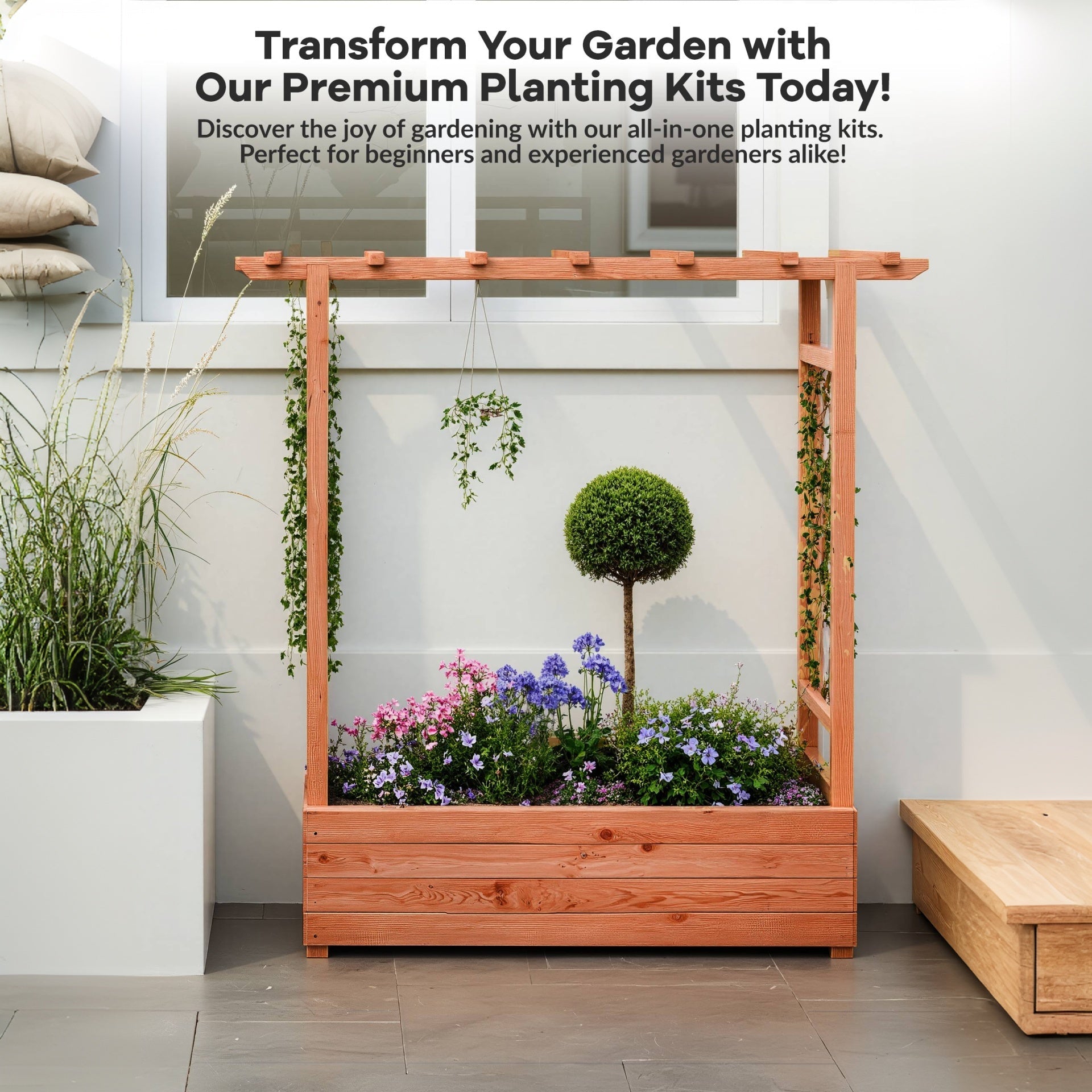 Garvee 79" × 17" × 72" Elevated Garden Bed with Arch Trellis, Wooden Planter Box with 4 Drainage Holes