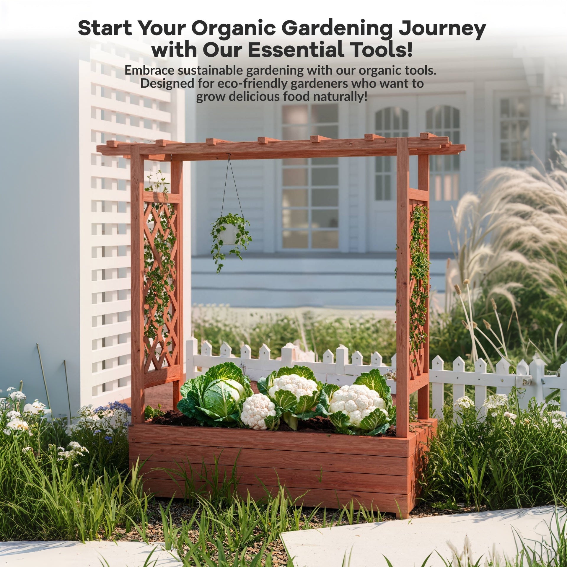 Garvee 79" × 17" × 72" Elevated Garden Bed with Arch Trellis, Wooden Planter Box with 4 Drainage Holes
