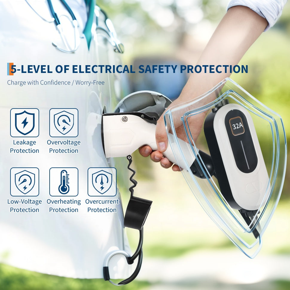 Garvee Electric Vehicle Charging Gun 110V/240V 32A Dual Voltage Copper+PVC 25FT Cable LED Screen Portable for Home & Travel