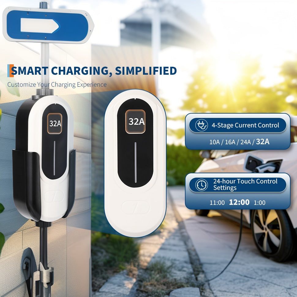 Garvee Electric Vehicle Charging Gun 110V/240V 32A Dual Voltage Copper+PVC 25FT Cable LED Screen Portable for Home & Travel