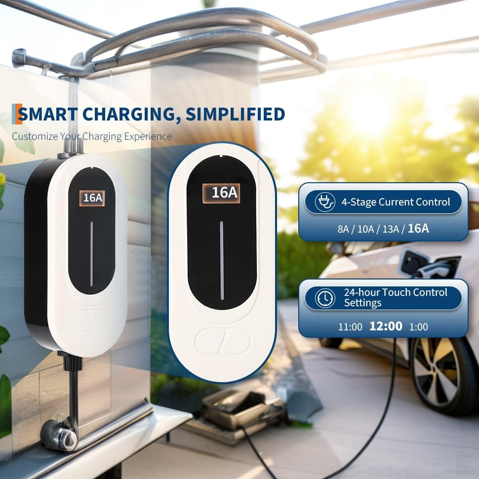 Garvee Electric Vehicle Charging Gun 110V/240V Dual Voltage 16A Current Copper+PVC 25FT Cable LED Screen Portable for Home Garage