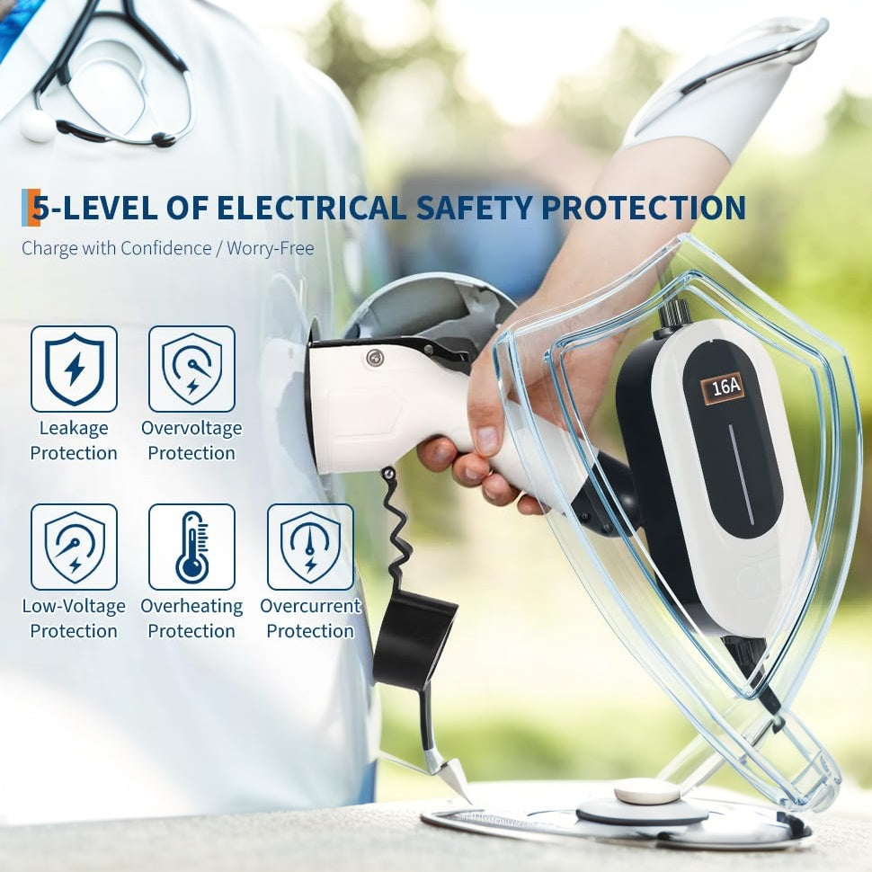 Garvee Electric Vehicle Charging Gun 110V/240V Dual Voltage 16A Current Copper+PVC 25FT Cable LED Screen Portable for Home Garage