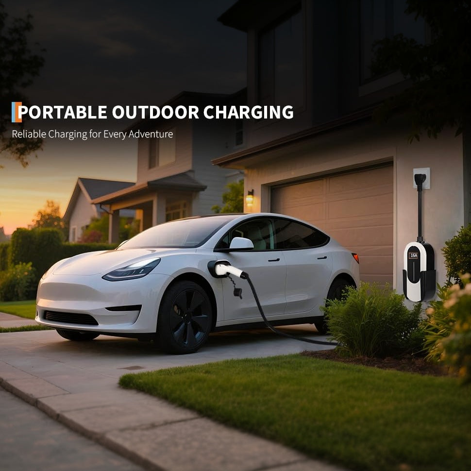 Garvee Electric Vehicle Charging Gun 110V/240V Dual Voltage 16A Current Copper+PVC 25FT Cable LED Screen Portable for Home Garage