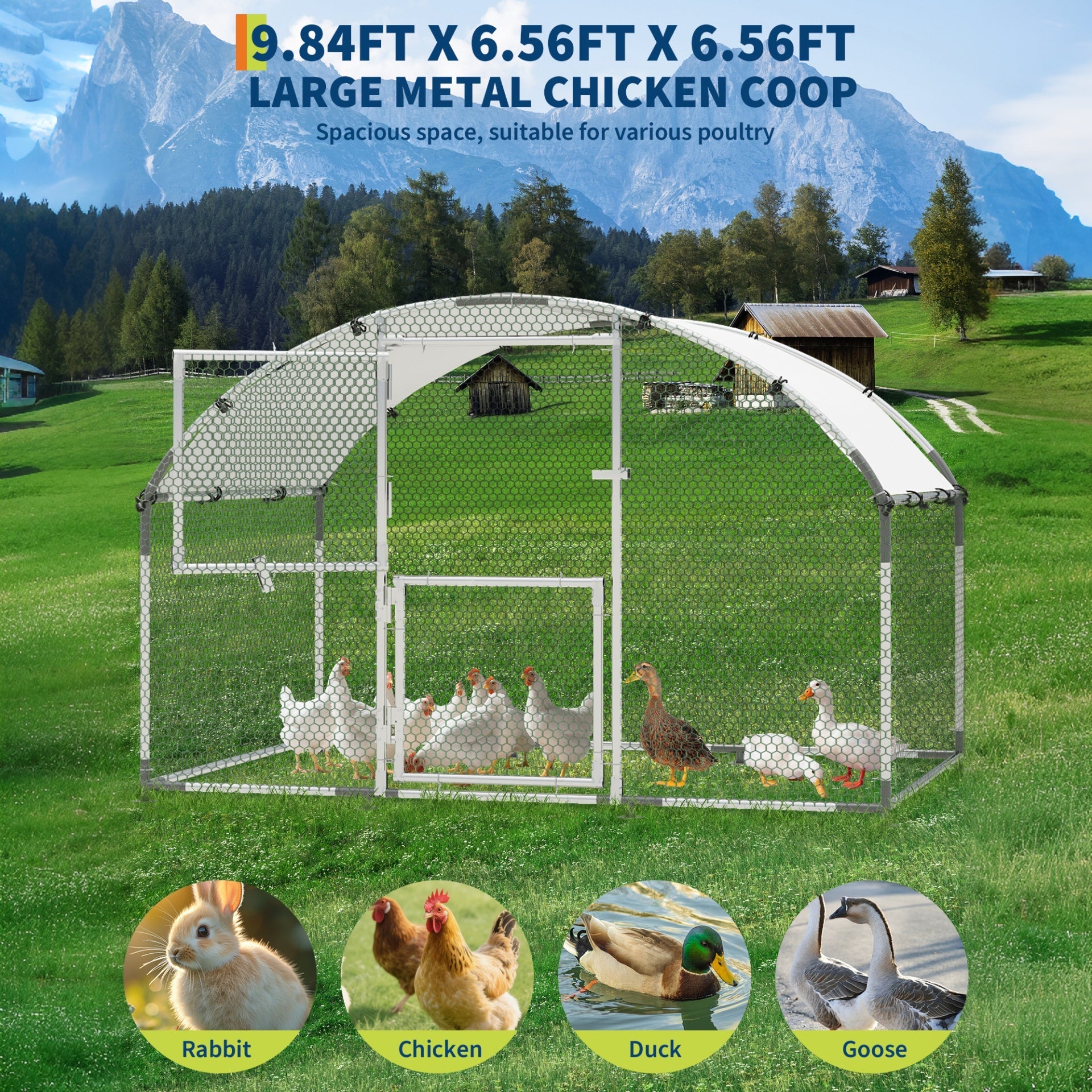 Garvee Upgrade Large Metal Chicken Coop with Feeder Door & Escape-Proof Design, Outdoor Domeroof Walk-in Poultry Cage with Waterproof Anti-UV Cover, Up to 10 Chickens,for Yard or Farm 6.6x 9.8x6.6FT