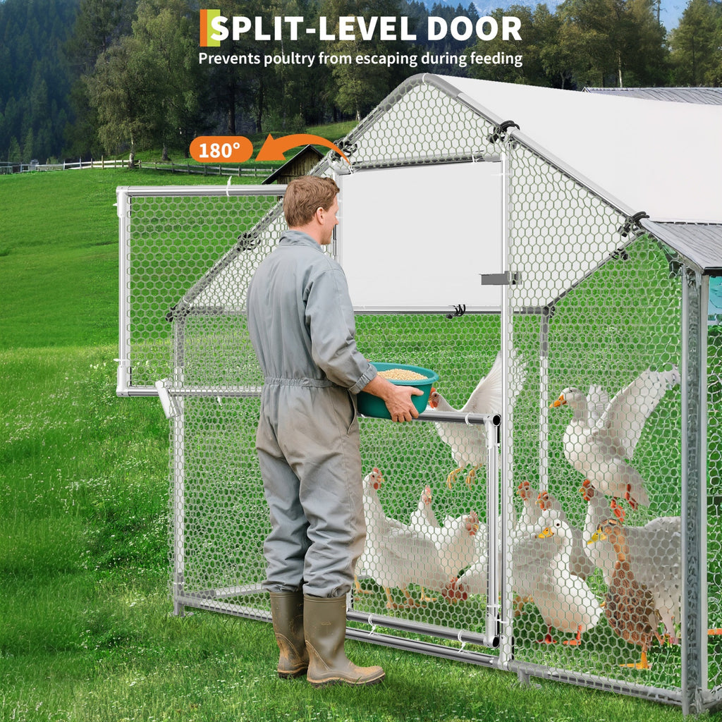 Garvee Upgrade Large Metal Chicken Coop with Feeder Door & Escape-Proof Design, Outdoor Domeroof Walk-in Poultry Hen with Waterproof Anti-UV Cover, Up to 30 Chickens,for Yard or Farm 19.7x 9.8x6.6FT