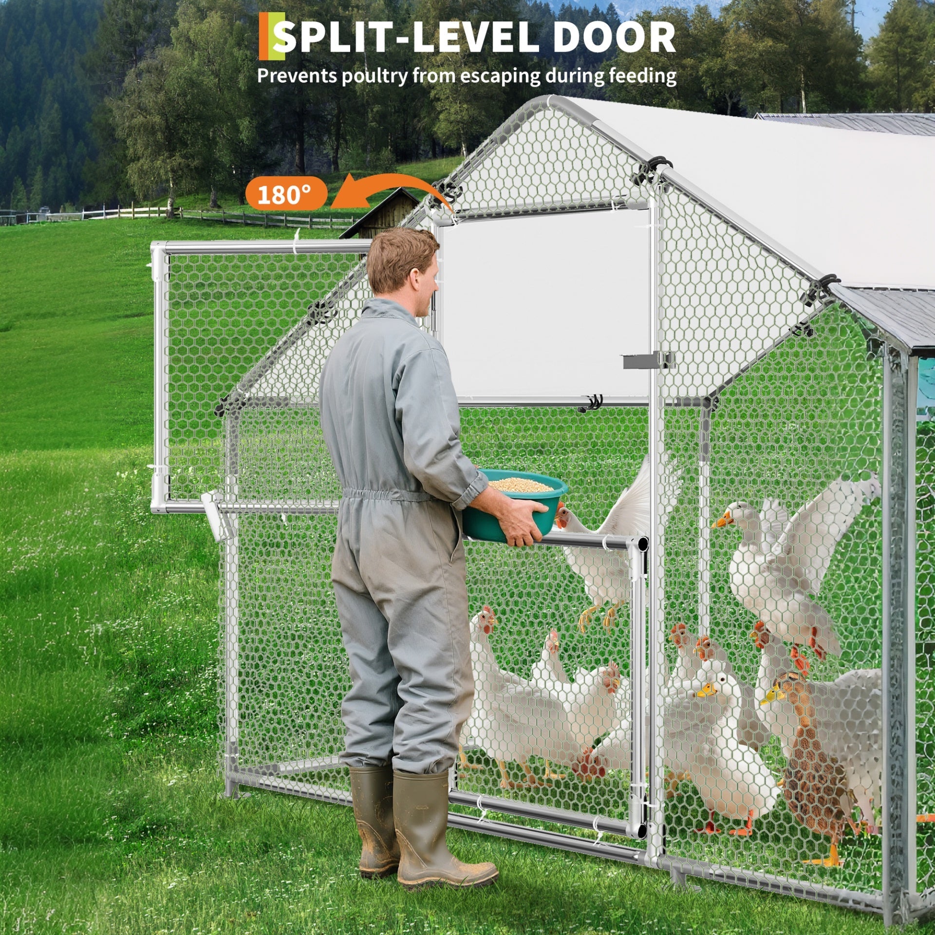 Garvee Upgrade Large Metal Chicken Coop with Feeder Door & Escape-Proof Design, Outdoor Domeroof Walk-in Poultry Hen with Waterproof Anti-UV Cover, Up to 30 Chickens,for Yard or Farm 19.7x 9.8x6.6FT