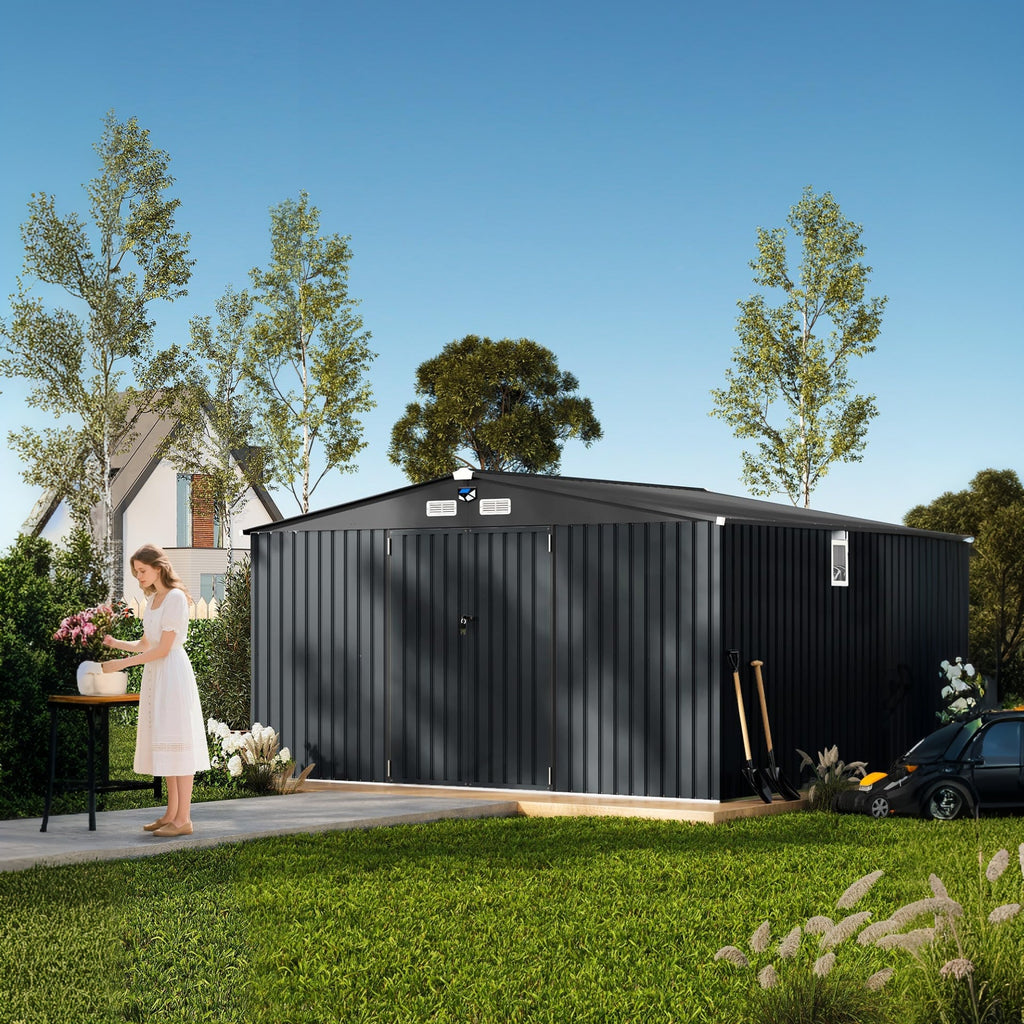 Garvee 10x12 ft Outdoor Storage Shed, Metal Garden Tool Shed with Updated Frame Structure, Lockable Doors and Windows, Ideal for Backyard Garden Patio Lawn , Dark Gray