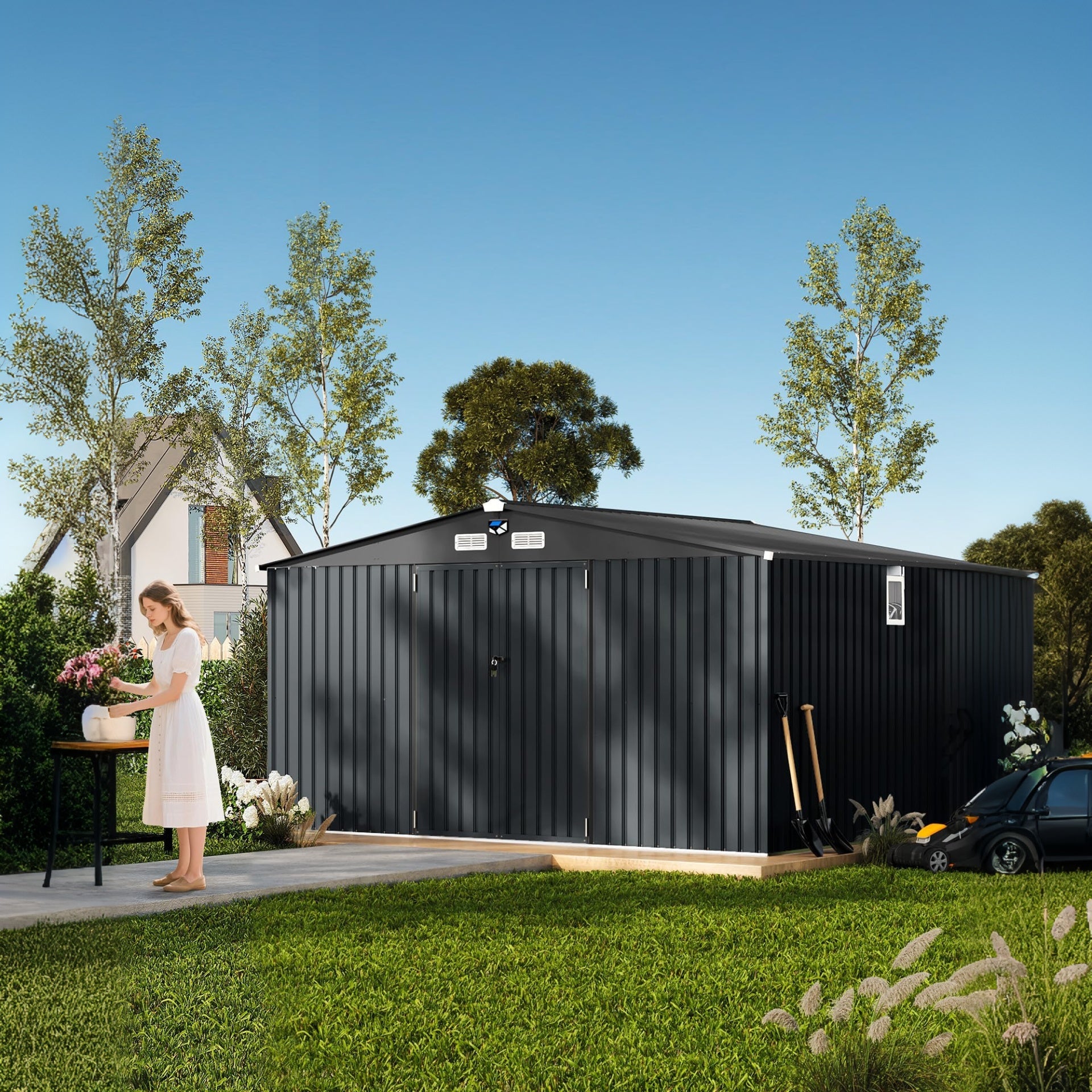 Garvee 10x12 ft Outdoor Storage Shed, Metal Garden Tool Shed with Updated Frame Structure, Lockable Doors and Windows, Ideal for Backyard Garden Patio Lawn , Dark Gray