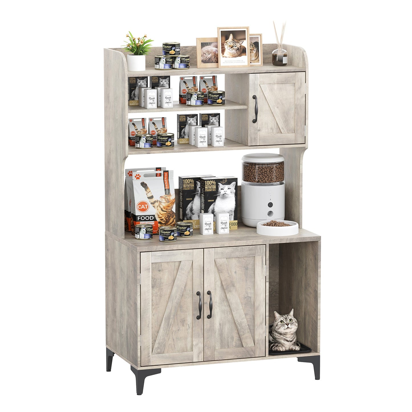 Garvee Cat Litter Box Enclosure, Modern Hidden Cat Litter Box Furniture with 4-Tier Storage Shelves, 2 Cabinets, Cat Litter Mat, Large Wood Indoor Cat House Furniture for Home, Grey