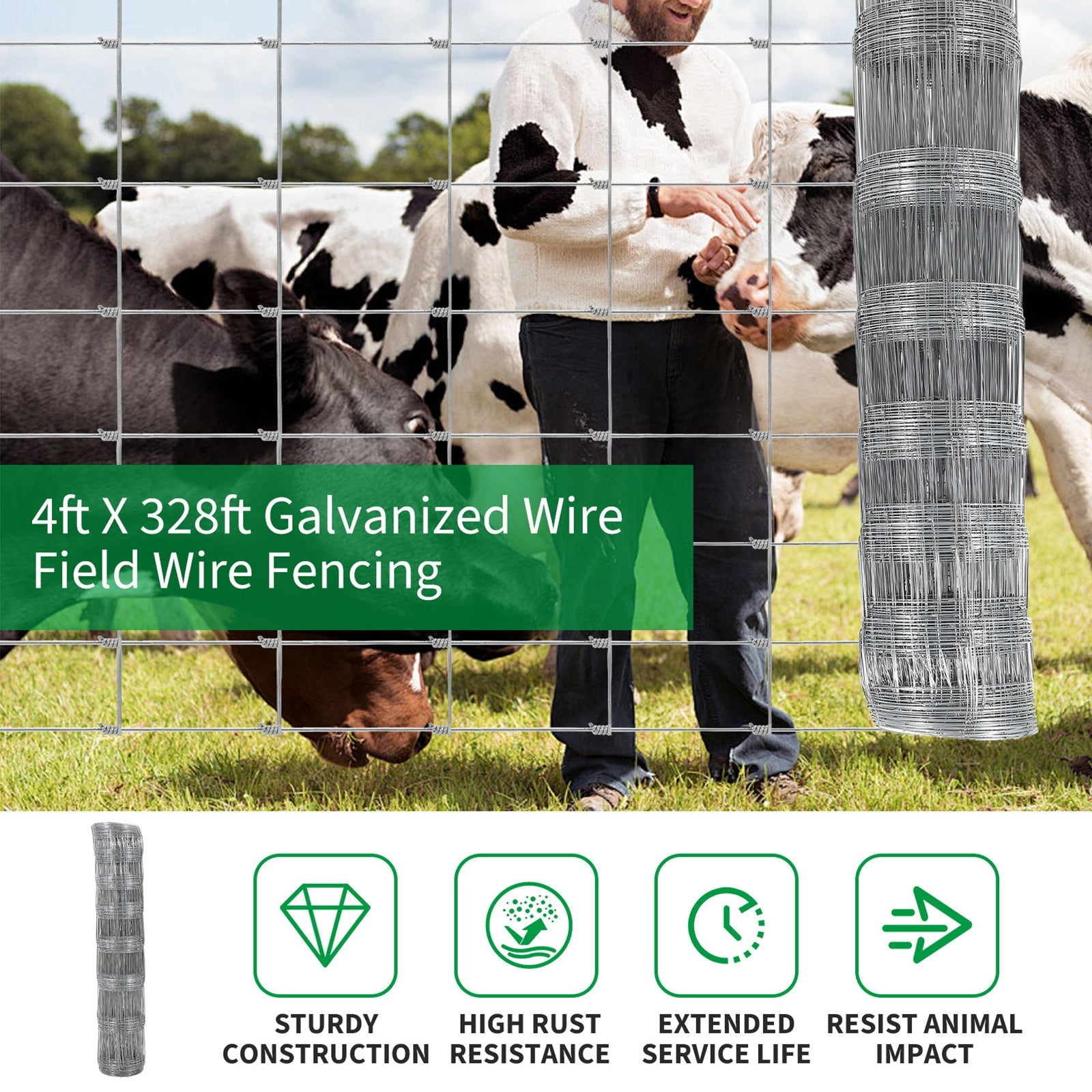 Garvee 4' × 328' Farm Fence, 14-Gauge Heavy Zinc Galvanized Field Wire Fencing with Hinge Knot for Cattle, Goats, Sheep & Deer
