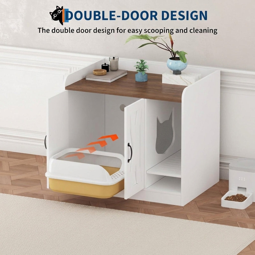 Garvee Cat Litter Box Enclosure, Hidden Litter Box Furniture with Divider, Indoor Cat House, Wooden Cat Washroom Storage Cabinet Bench, Side End Table Nightstand, White & Brown Top