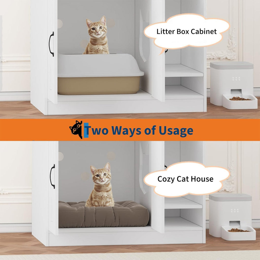 Garvee Cat Litter Box Enclosure, Hidden Litter Box Furniture with Divider, Indoor Cat House, Wooden Cat Washroom Storage Cabinet Bench, Side End Table Nightstand, White & Brown Top