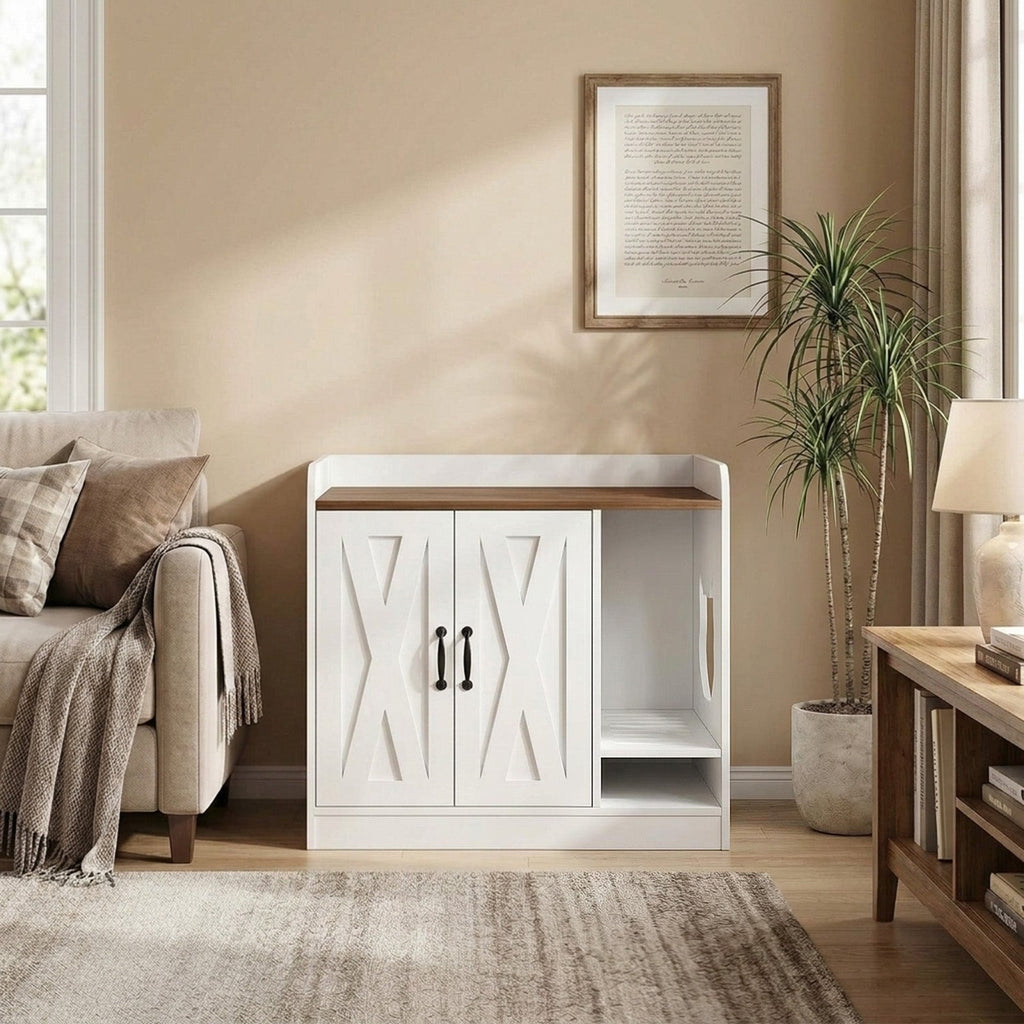 Garvee Cat Litter Box Enclosure, Hidden Litter Box Furniture with Divider, Indoor Cat House, Wooden Cat Washroom Storage Cabinet Bench, Side End Table Nightstand, White & Brown Top