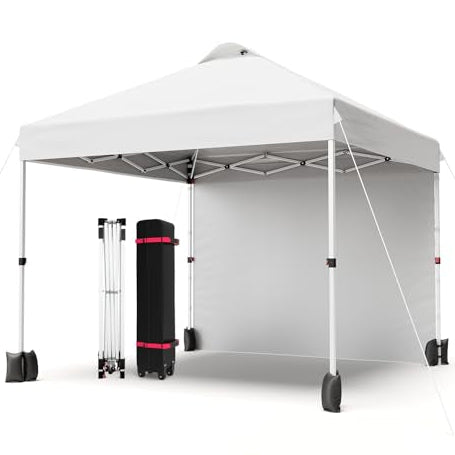 Garvee 10'x10' Pop-Up Canopy Tent Portable Instant Commercial Tent with 1 Sidewall, Vented Top, Roller Bag, Sandbags, Ropes & Tent Stakes, White