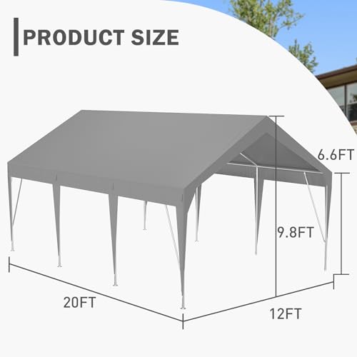 Garvee 12'x20' Heavy Duty Carport, UV Resistant Waterproof Car Canopy for Car, Boat, Party, Storage Shed, Grey