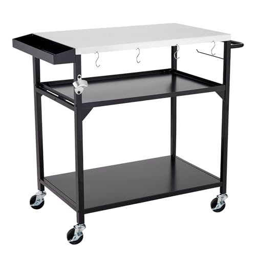 Garvee Outdoor Grill Table Cart Stainless Steel 4 Wheels Brakes Movable Prep Table Side Storage Rack Handle BBQ
