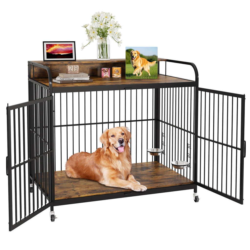 Garvee Wooden Dog Crate Furniture End Table with Adjustable Height & 360° Rotating Feeder, Heavy Duty Dog Crate with 360° Wheels, Dog Kennel Indoor, Large