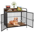 Garvee Wooden Dog Crate Furniture End Table with Adjustable Height & 360° Rotating Feeder, Heavy Duty Dog Crate with 360° Wheels, Dog Kennel Indoor, Medium