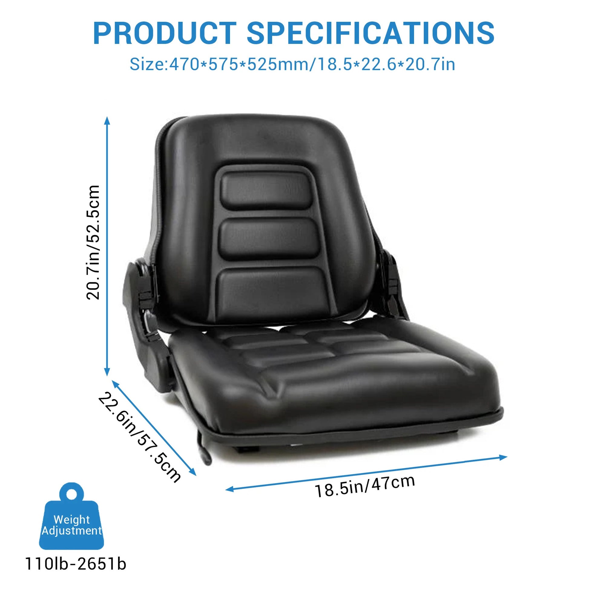 Garvee Adjustable Tractor Seat with 3-Position Recline, Universal Forklift Mower with Suspension, Black Vinyl Replacement Seat for Farm Equipment