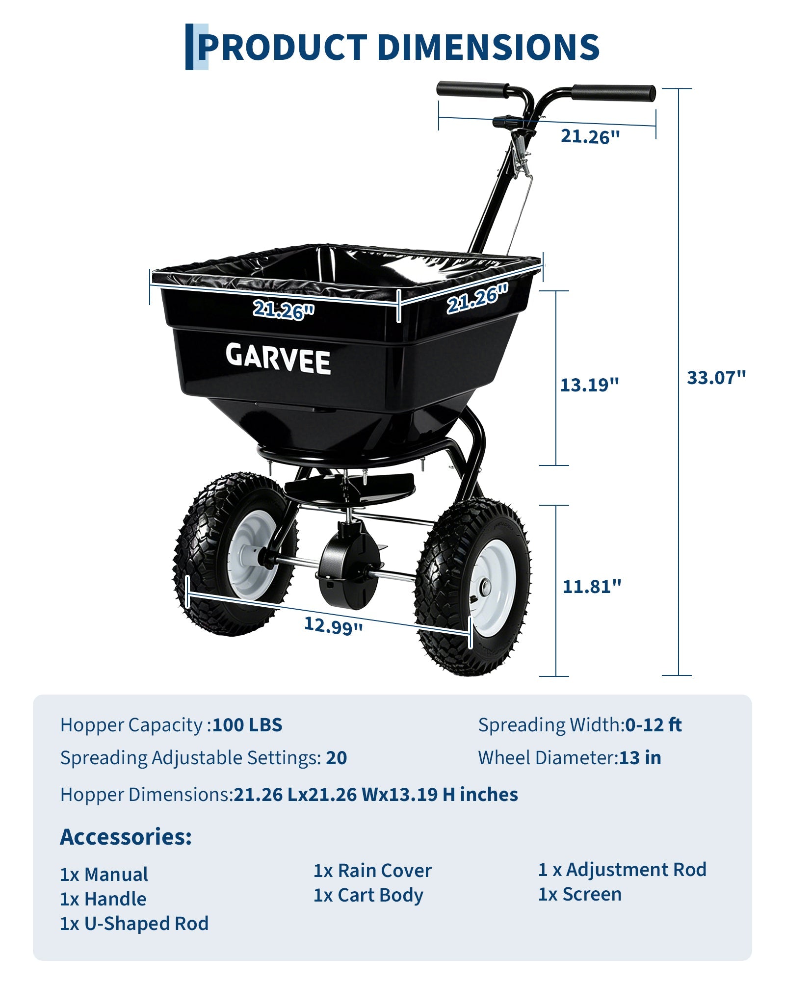 Garvee 100 lb Push Broadcast Spreader, T-Handle Walk-Behind Lawn & Garden Fertilizer Spreader with 58 L Hopper, 0–12 ft Coverage, 13" All-Terrain Wheels & 20-Level Flow Control for Seed, Fertilizer, Salt & Ice Melt, Green/Black