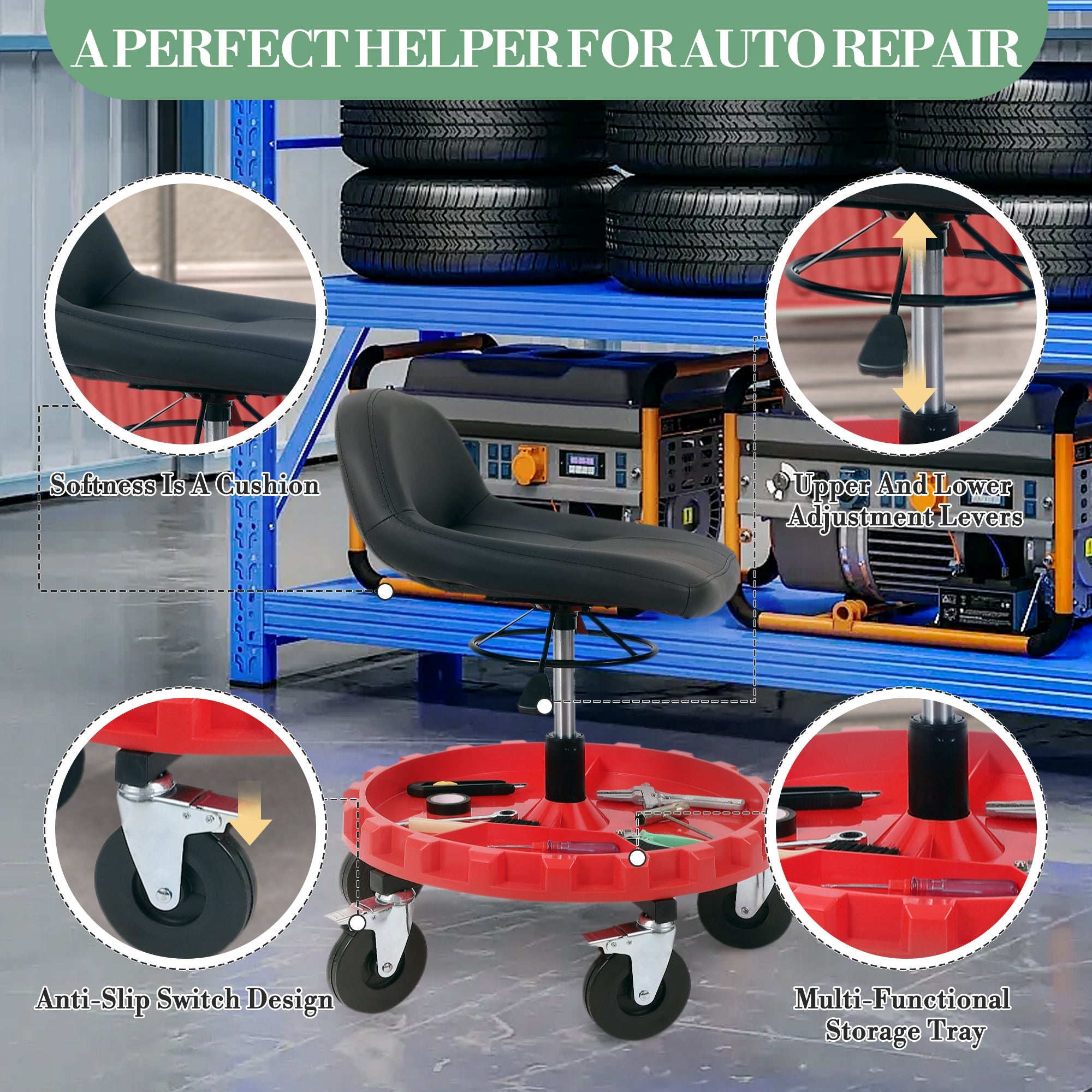 Garvee 300LBS Mobile Rolling Gear Seat With Spinning Gear Tray For Garage And Workshop, Adjustable Height, Black