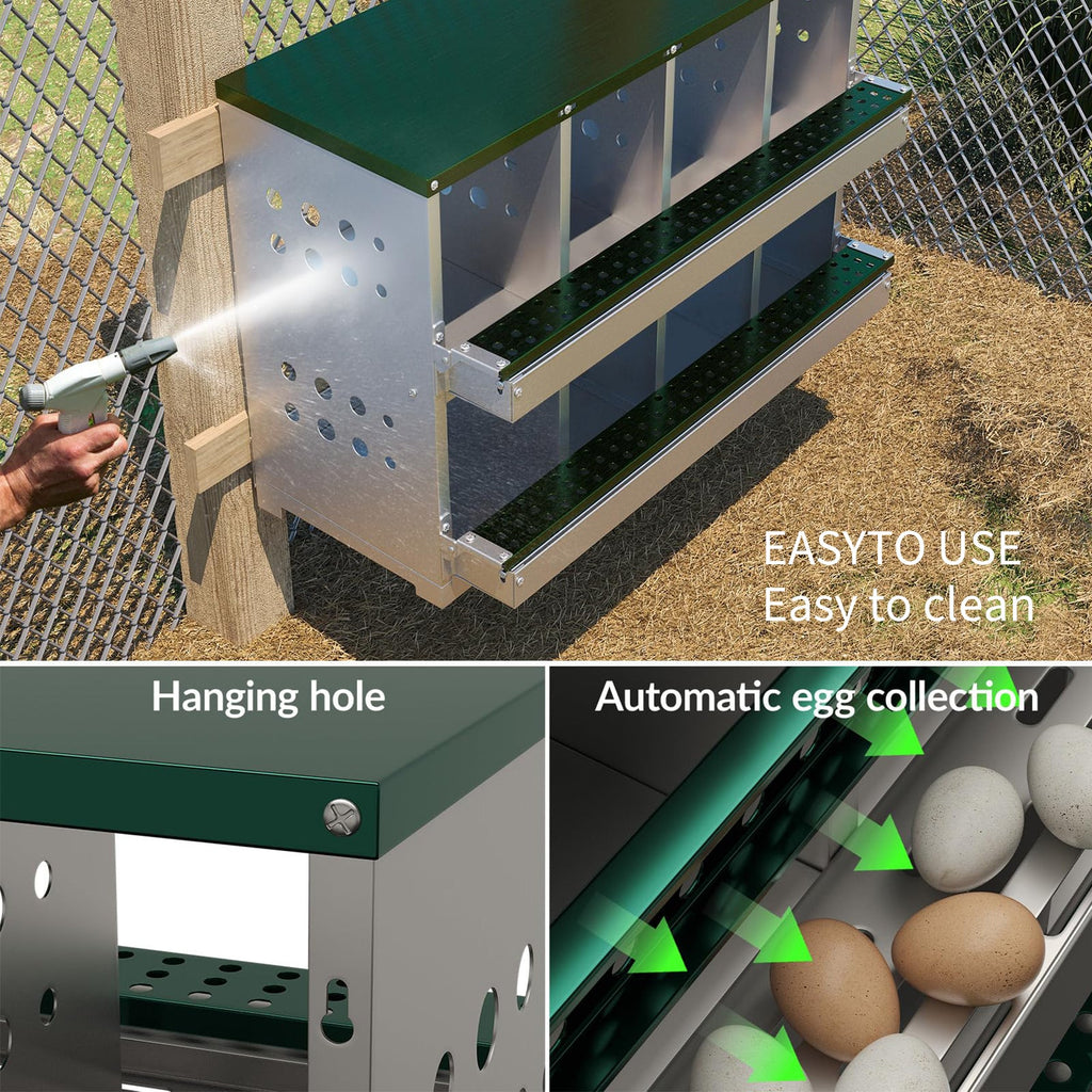 Garvee 8-Compartment Metal Nesting Box – Heavy-Duty Roll Away Egg Design w/Perch & Cover for Poultry Wall/Floor Mount, Green