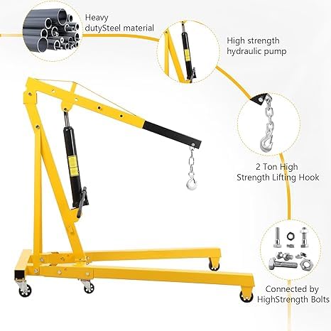 Garvee 2 Ton Engine Hoist Hydraulic Foldable Crane Mobile Cherry Picker for Garage Workshops Auto Repair Yellow