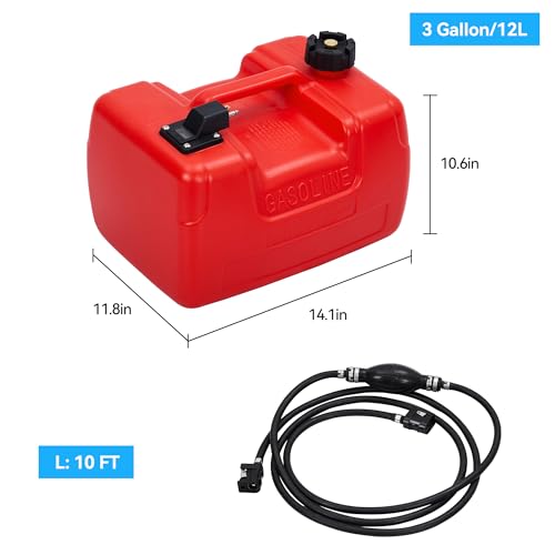 Garvee Marine Fuel Tank, 3 Gallon Outboard Marine Portable Fuel Tank with Fuel Line, I-Shaped Handle, Easy to Carry
