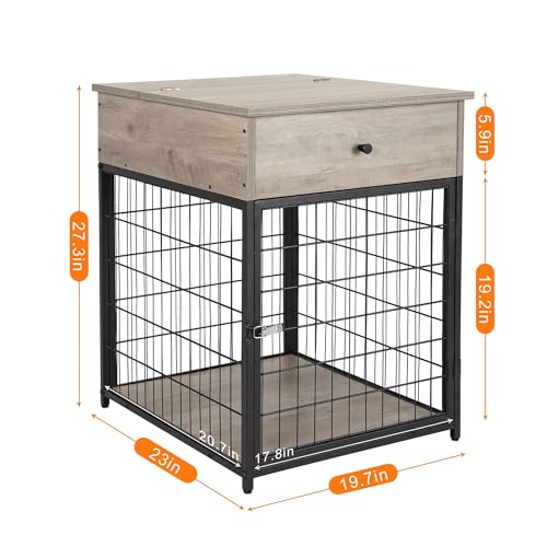 Garvee Dog Crate Furniture, 27" Dog Kennel, Dog House Indoor Use, Chew-Proof, Flip Top Storage, Wooden Dog Cage Sides Gray