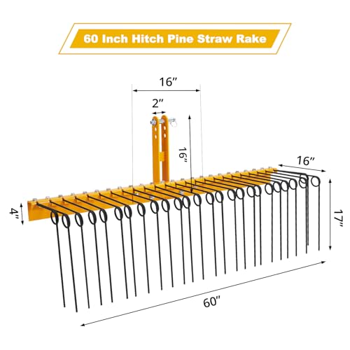 Garvee 60 Inch Pine Straw Needle Rake,26 Coil Spring Tines Pine Needles Rakes, Durable Powder Coated Steel Landscape Rake Attaches to Cat 0 Cat 1, 3 Point Hitch Receiver Attachment - Black+Yellow