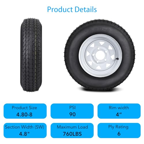 Garvee 4.80-8 Trailer Tires, 2 Pack, Load Range C 6PLY, 8"x3.75" Rims 5 Lug on 4.5", Max Load 760 LBS @ 90 PSI, Durable Nylon Cord Design for Utility, Cargo & Boat Trailers