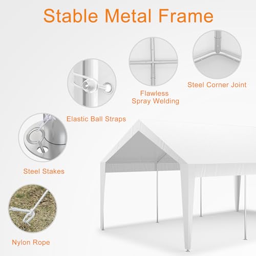 Garvee 10' X 20' Extra Large Heavy Duty Carport, Portable Garage Shelter with 8 Legs, Garage Tent for Car, Truck, SUV, Car Canopy, White