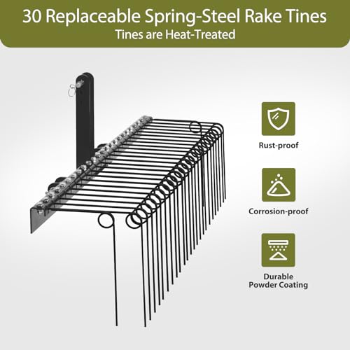 Garvee 72 Inch Pine Straw Rake, 30pcs 8mm Coil Spring Tines Durable Powder Coated Steel Tow Behind Landscape Rake with 3 Point Hitch Receiver Attachment Fit to Cat0 Cat 1 Tractors for Leaves Grass, Black