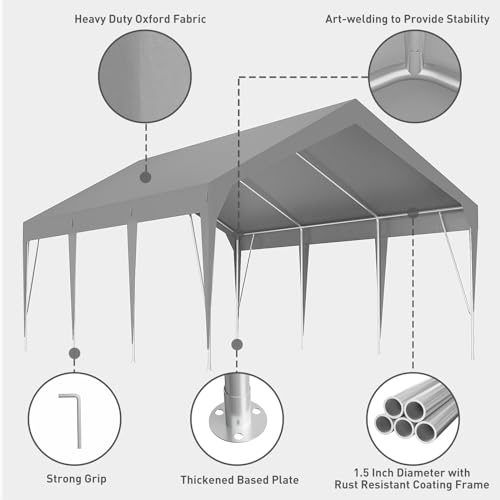 Garvee 12'x20' Heavy Duty Carport, UV Resistant Waterproof Car Canopy for Car, Boat, Party, Storage Shed, Grey